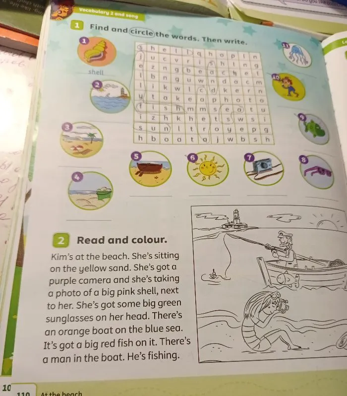 Find and circle the words. Then write.