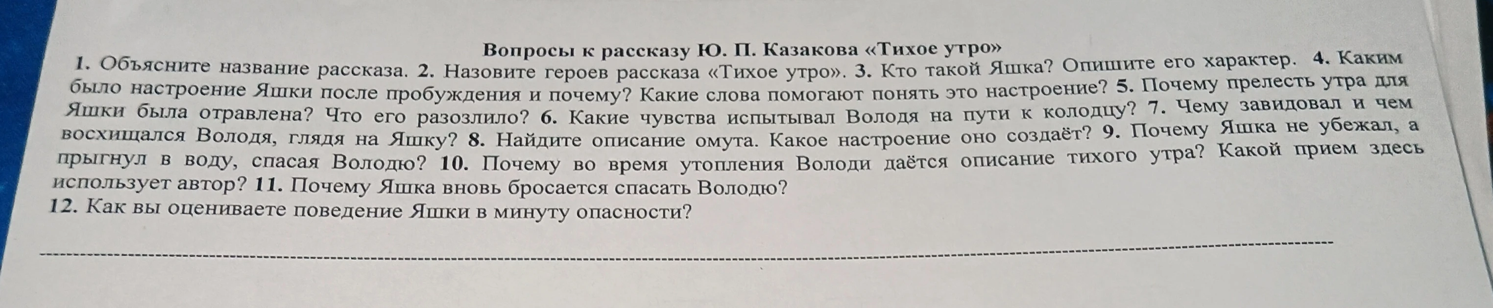 Вопросы к рассказу Ю. П. Казакова «Тихое утро»