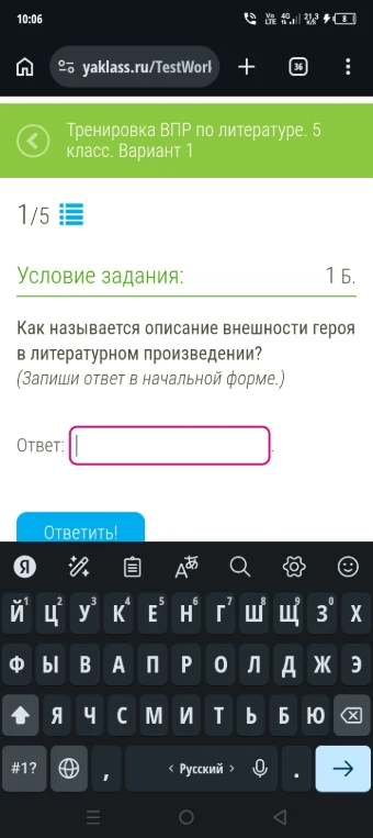Как называется описание внешности героя в литературном произведении?
