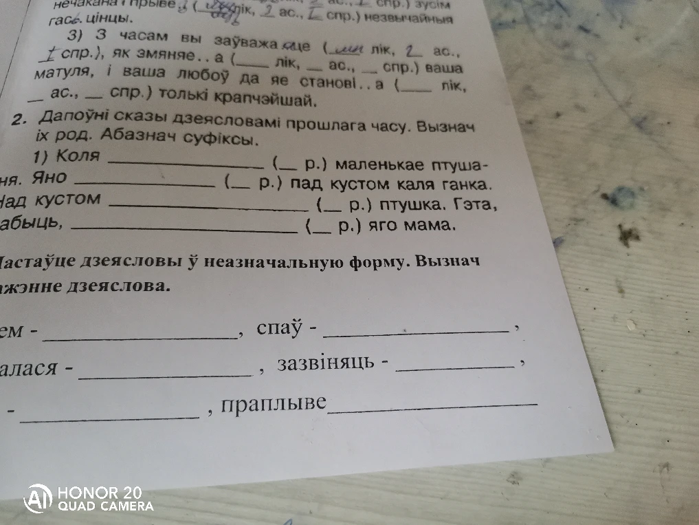 Дапоўні сказы дзеясловамі прошлага часу. Вызнач іх род. Абазнач суфіксы.