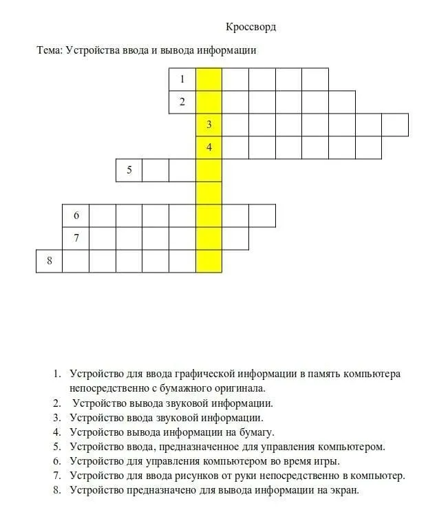 Кроссворд: Тема: Устройства ввода и вывода информации. 1. Устройство для ввода графической информации в память компьютера непосредственно с бумажного оригинала.