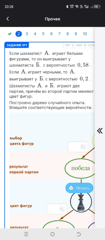 Если шахматист А. играет белыми фигурами, то он выигрывает у шахматиста Б. с вероятностью 0,58. Если А. играет черными, то А. выигрывает у Б. с вероятностью 0,2. Шахматисты А. и Б. играют две партии, причём во второй партии меняют цвет фигур.