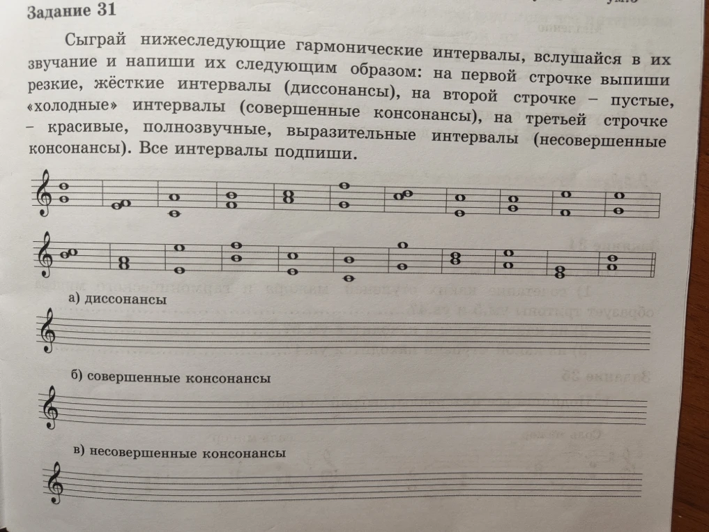 Сыграй нижеследующие гармонические интервалы, вслушайся в их звучание и напиши их следующим образом: на первой строчке выпиши «резкие, жёсткие интервалы (диссонансы), на второй строчке - пустые, «холодные» интервалы (совершенные консонансы), на третьей строчке - красивые, полнозвучные, выразительные интервалы (несовершенные консонансы).