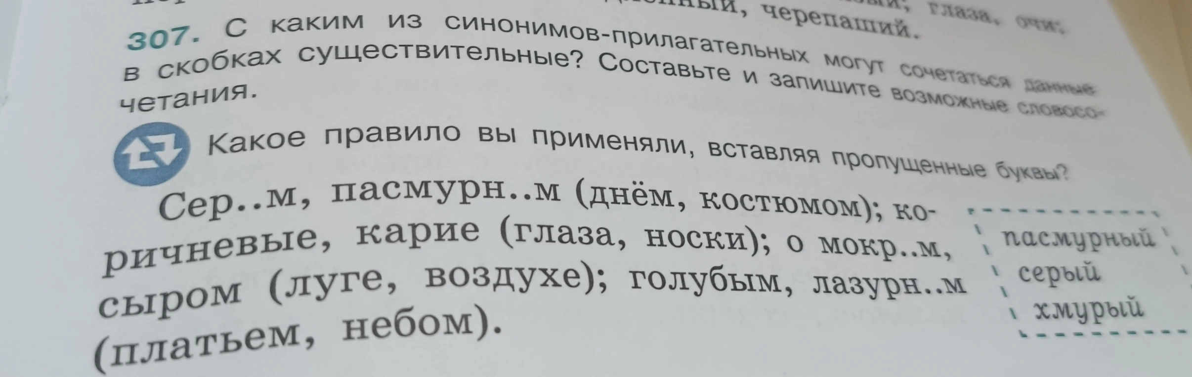 307. С каким из синонимов-прилагательных могут сочетаться данные в скобках существительные? Составьте и запишите возможные словосочетания.