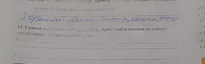 12. Сравни написания слов роза - Роза. Придумай и запиши по одному предложению с каждым из этих слов.