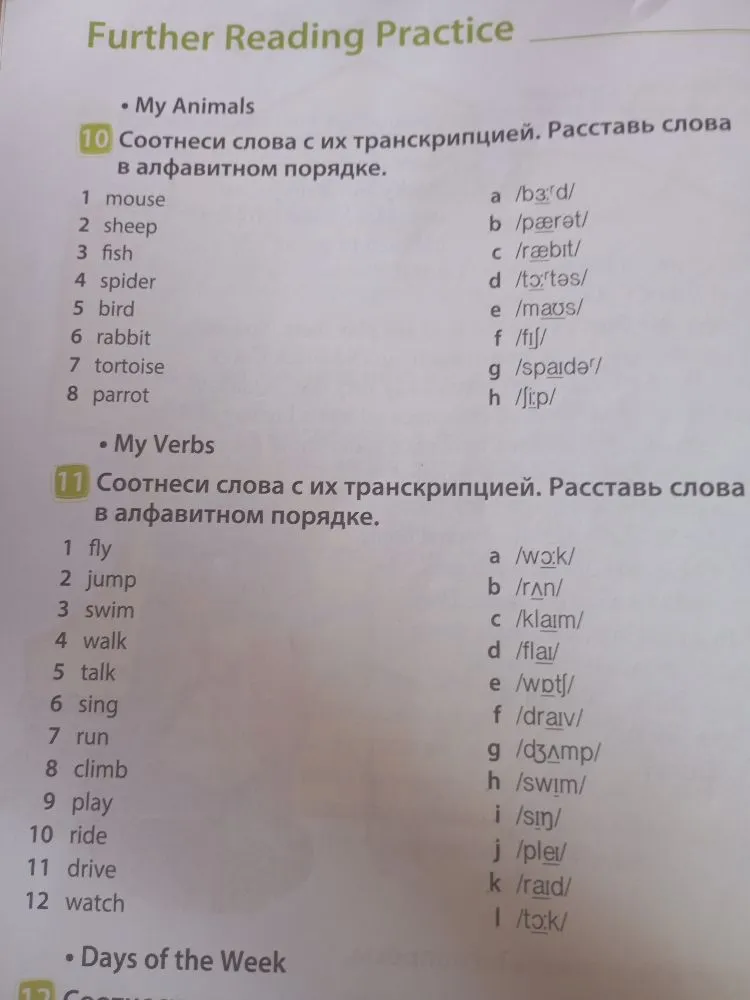 Соотнеси слова с их транскрипцией. Расставь слова в алфавитном порядке.