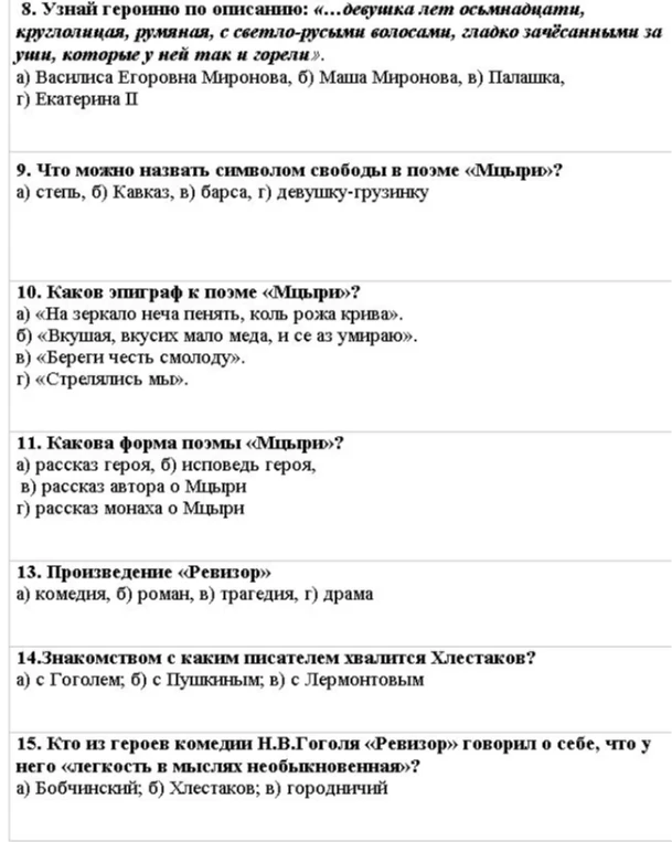 8. Узнай героиню по описанию: «...девушка лет осьмнадцати, круглолицая, румяная, с светло-русыми волосами, гладко зачёсанными за уши, которые у ней так и горели».