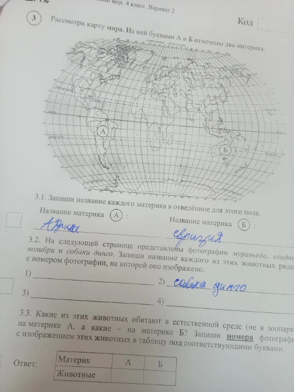 Рассмотри карту мира. На ней буквами А и Б отмечены два материка. 3.1. Запиши название каждого материка в отведённое для этого поле.