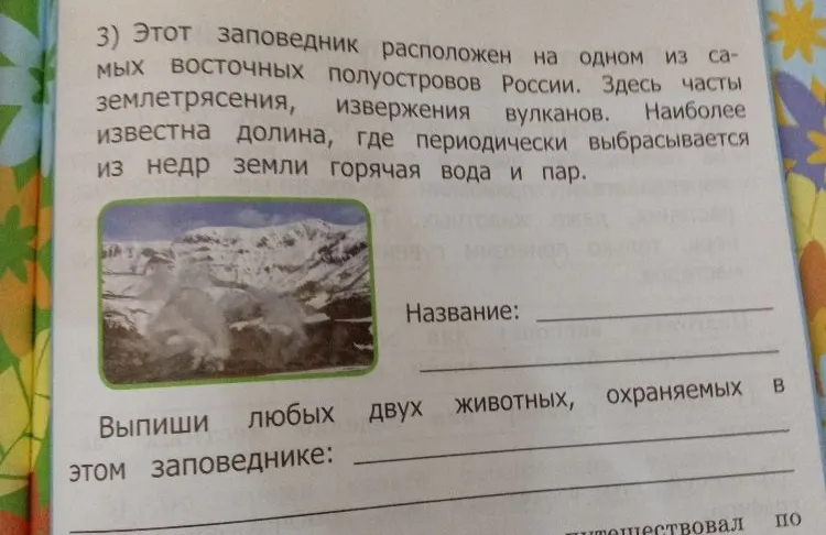 3) Этот заповедник расположен на одном из самых восточных полуостровов России. Здесь часты землетрясения, извержения вулканов. Наиболее известна долина, где периодически выбрасывается из недр земли горячая вода и пар. Название: ______