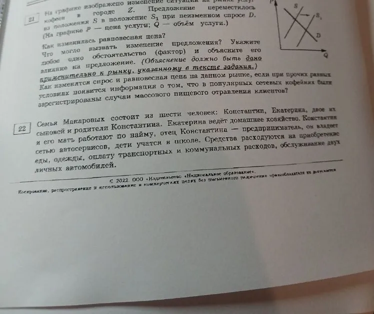 На графике изображено изменение ситуации на рынке услуг кофеен в городе Z. Предложение переместилось из положения S в положение S1 при неизменном спросе D.
