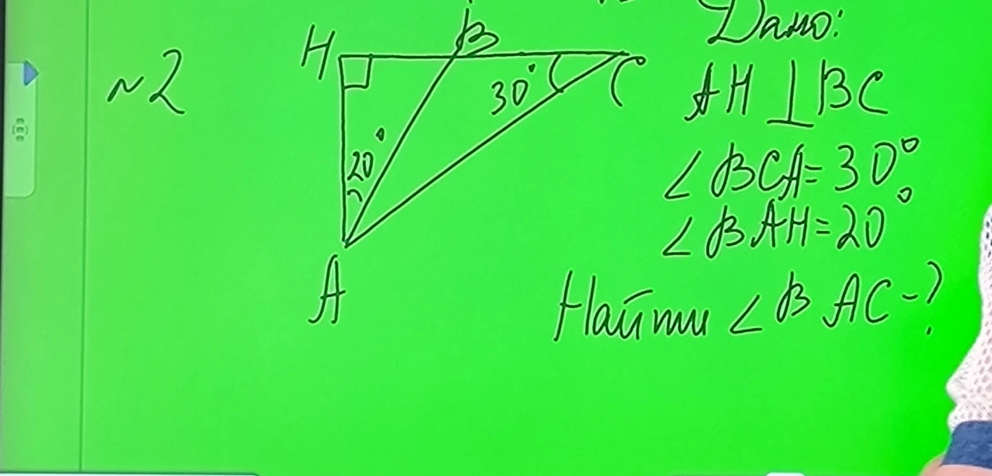 Дано: AH ⊥ HC, ∠BCA = 30°, ∠BAH = 20°. Найти: ∠BAC.