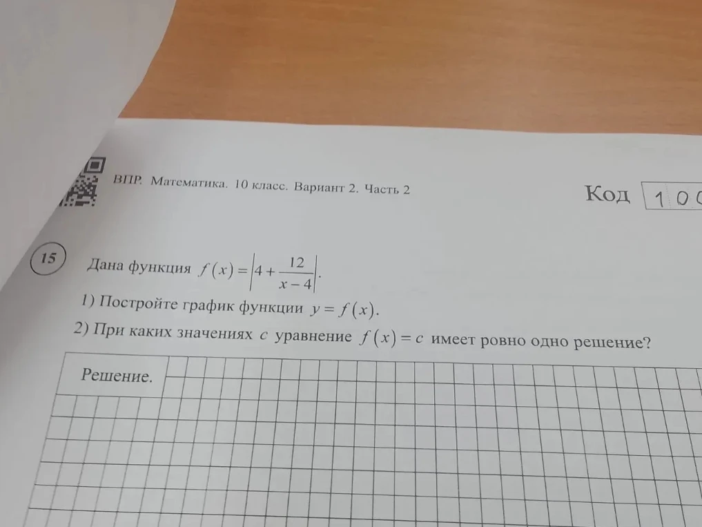 Дана функция f(x) = |4 + 12/(x - 4)|. 1) Постройте график функции y = f(x). 2) При каких значениях c уравнение f(x) = c имеет ровно одно решение?
