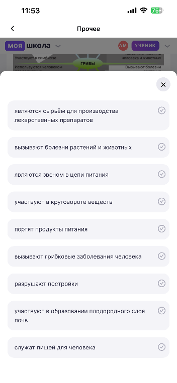 На изображении приведен список утверждений о значении грибов в природе и жизни человека. Задание подразумевает анализ этих утверждений.
