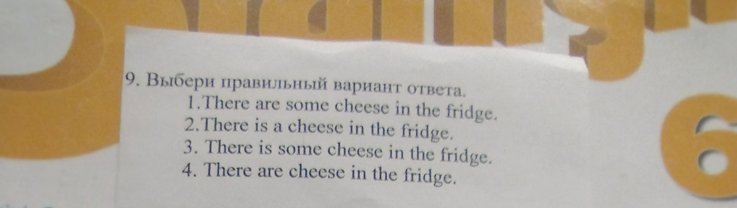 9. Выбери правильный вариант ответа. 1. There are some cheese in the fridge. 2. There is a cheese in the fridge. 3. There is some cheese in the fridge. 4. There are cheese in the fridge.