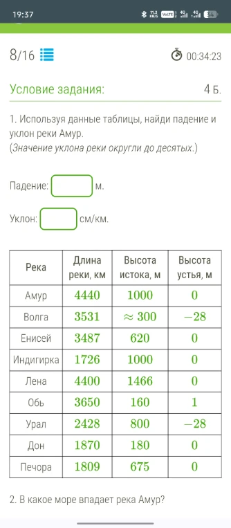 1. Используя данные таблицы, найди падение и уклон реки Амур.