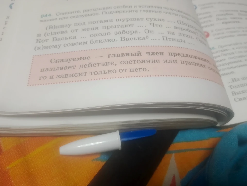 844. Спишите, раскрывая скобки и вставляя подходящее подлежащее или сказуемое. Подчеркните главные члены предложения.