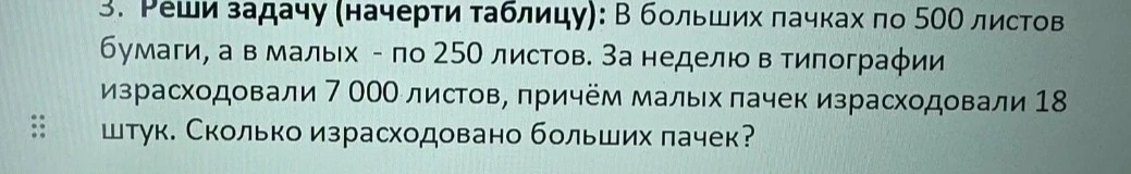 3. Реши задачу (начерти таблицу): В больших пачках по 500 листов бумаги, а в малых - по 250 листов. За неделю в типографии израсходовали 7 000 листов, причём малых пачек израсходовали 18 штук. Сколько израсходовано больших пачек?