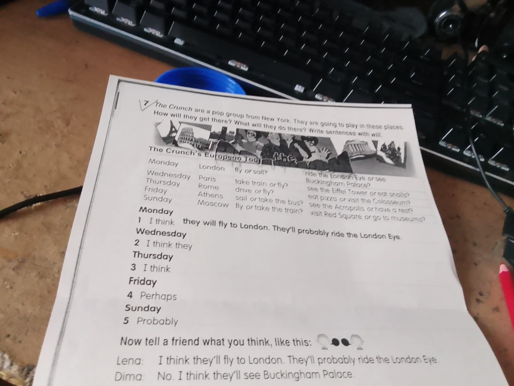 The Crunch are a pop group from New York. They are going to play in these places. How will they get there? What will they do there? Write sentences with will.