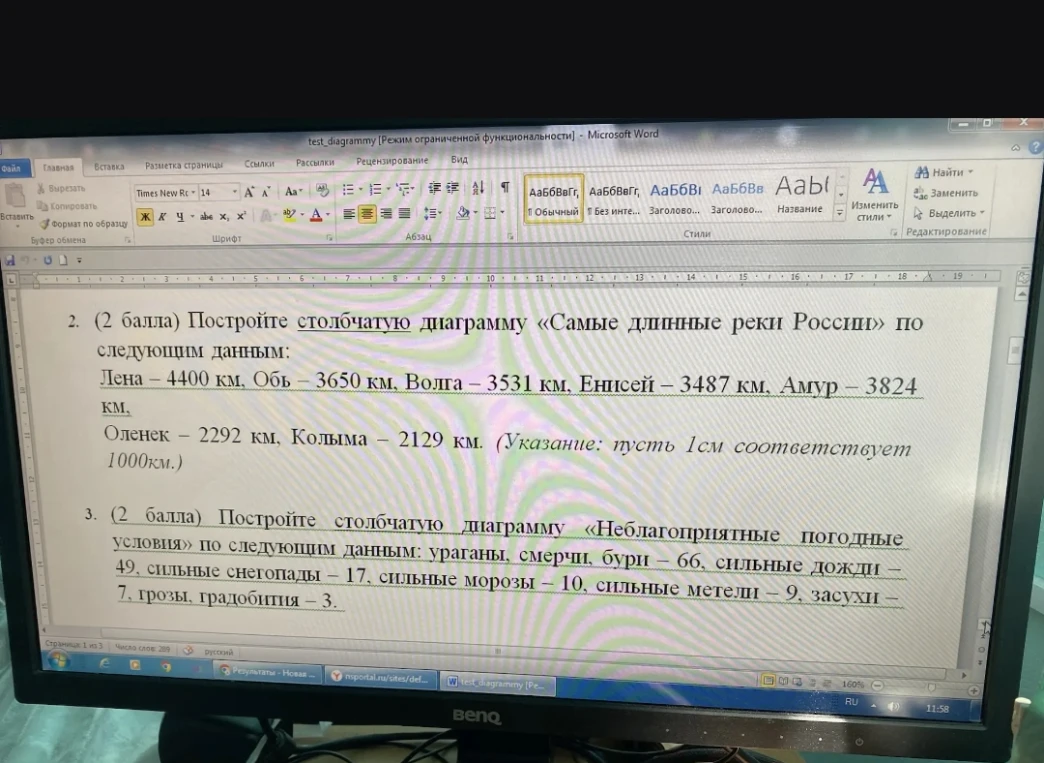 Постройте столбчатую диаграмму «Самые длинные реки России» по следующим данным: Лена – 4400 км, Обь – 3650 км, Волга – 3531 км, Енисей – 3487 км, Амур – 3824 км, Оленек – 2292 км, Колыма – 2129 км.