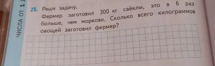 25. Реши задачу. Фермер заготовил 300 кг свёклы, это в 6 раз больше, чем моркови. Сколько всего килограммов овощей заготовил фермер?
