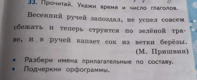 Прочитай. Укажи время и число глаголов. Весенний ручей запоздал, не успел совсем сбежать и теперь струится по зелёной траве, и в ручей капает сок из ветки берёзы. Разбери имена прилагательные по составу. Подчеркни орфограммы.
