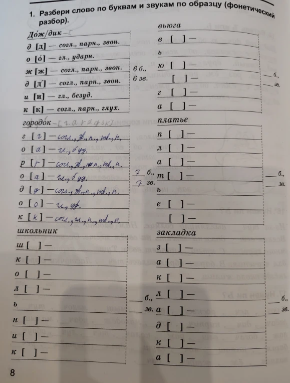 Разбери слово по буквам и звукам по образцу (фонетический разбор).