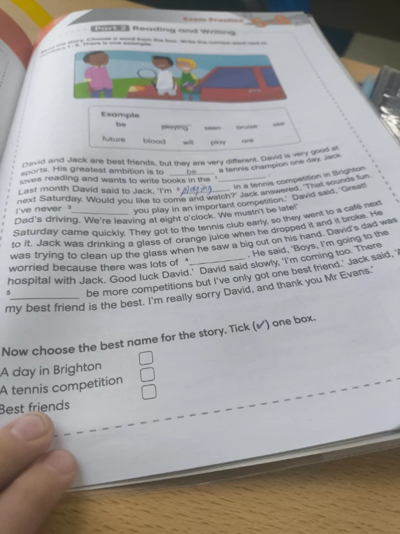 Read the story. Choose a word from the box. Write the correct word next to numbers 1-5. There is one example.