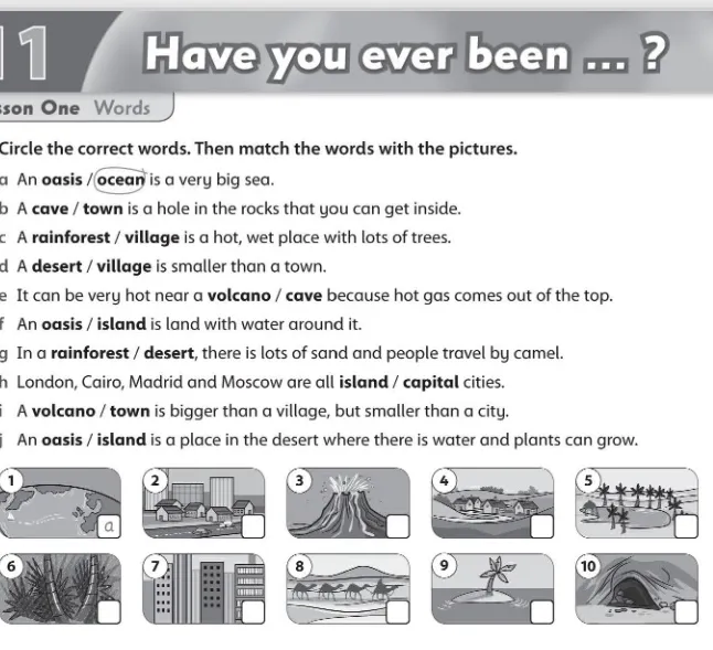 Circle the correct words. Then match the words with the pictures.