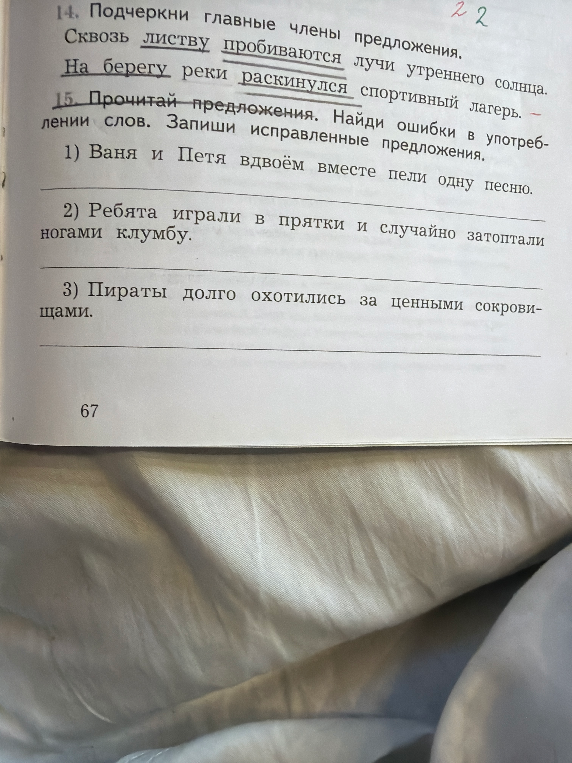 14. Подчеркни главные члены предложения. Сквозь листву пробиваются лучи утреннего солнца. На берегу реки раскинулся спортивный лагерь. 15. Прочитай предложения. Найди ошибки в употреблении слов. Запиши исправленные предложения.