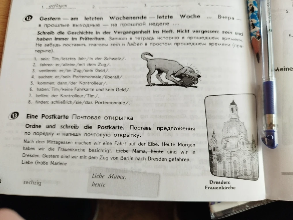 Schreib die Geschichte in der Vergangenheit ins Heft. Nicht vergessen: sein und haben immer im Präteritum.