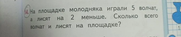 На площадке молодняка играли 5 волчат, а лисят на 2 меньше. Сколько всего волчат и лисят на площадке?