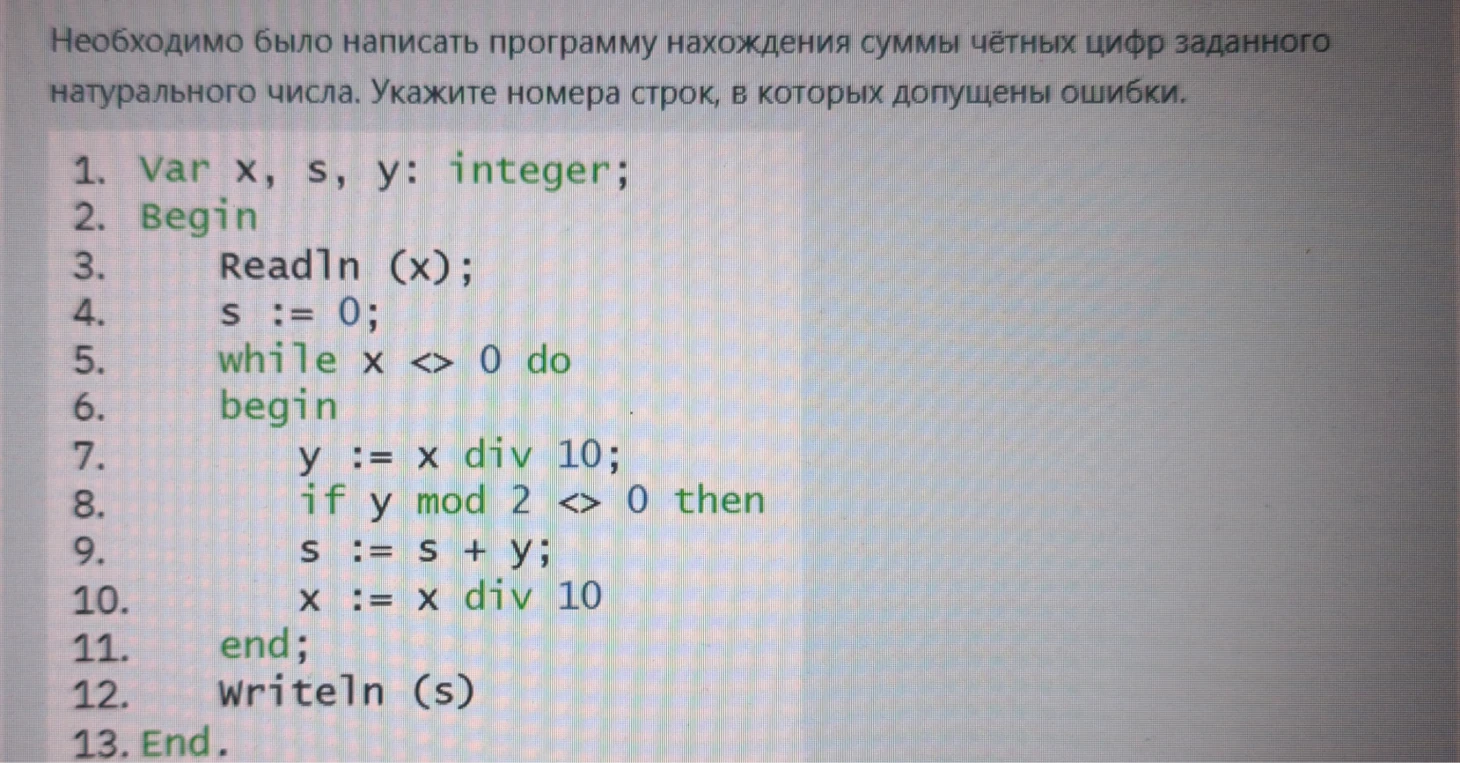 Необходимо было написать программу нахождения суммы чётных цифр заданного натурального числа. Укажите номера строк, в которых допущены ошибки.