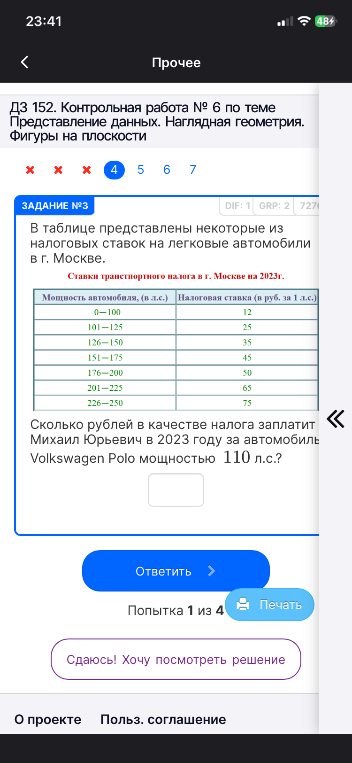 В таблице представлены некоторые из налоговых ставок на легковые автомобили в г. Москве. Сколько рублей в качестве налога заплатит Михаил Юрьевич в 2023 году за автомобиль Volkswagen Polo мощностью 110 л.с.?