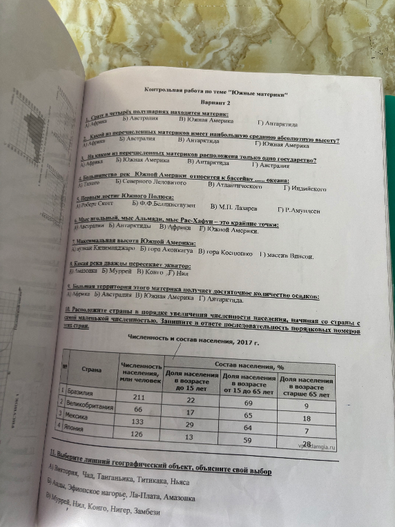 Контрольная работа по теме "Южные материки"