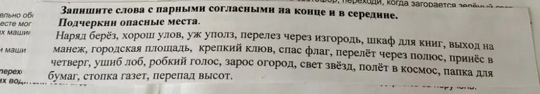 Запишите слова с парными согласными на конце и в середине. Подчеркни опасные места.
