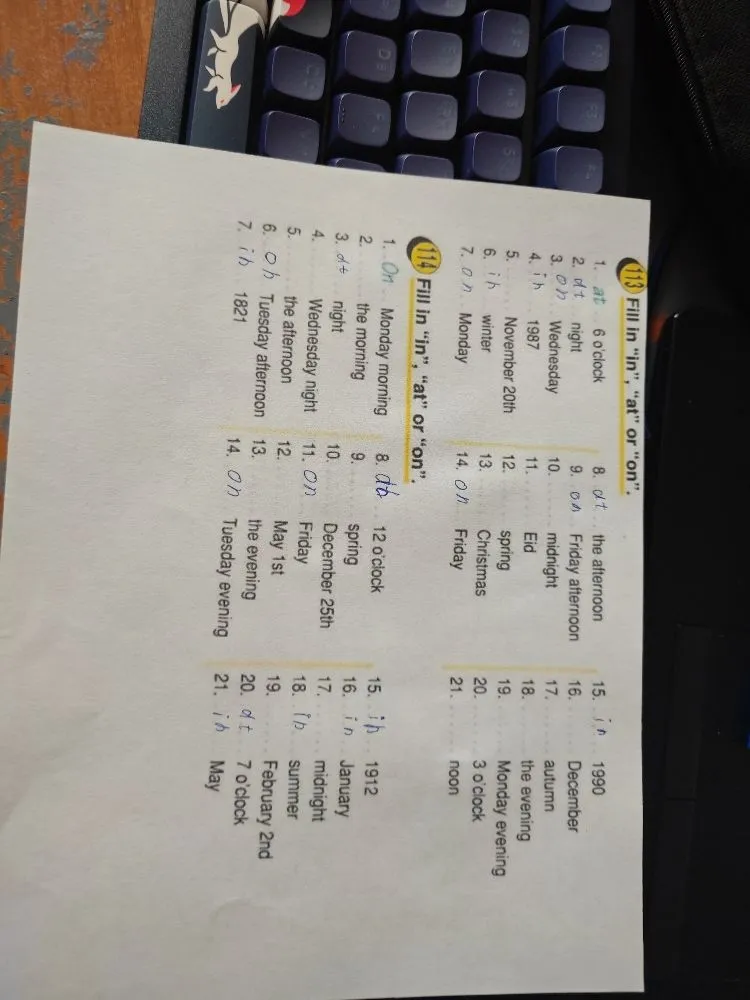 Fill in "in", "at" or "on".
