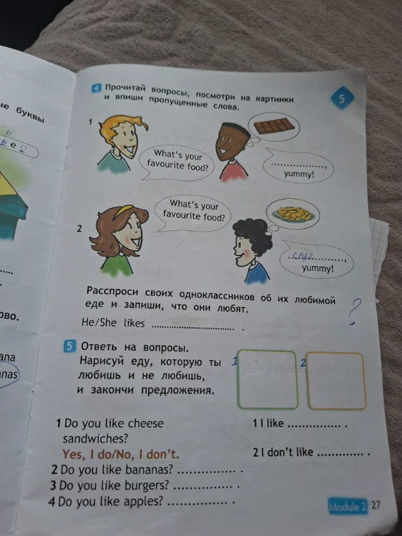Прочитай вопросы, посмотри на картинки и впиши пропущенные слова.