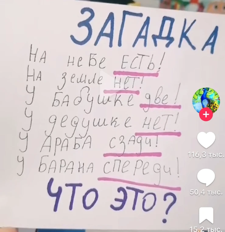 ЗАГАДКА НА НЕБЕ ЕСТЬ! НА ЗЕМЛЕ НЕТ! У БАБУШКЕ ДВЕ! У ДЕДУШКЕ НЕТ! У АРАБА СЗАДИ! У БАРАНА СПЕРЕДИ! ЧТО ЭТО?