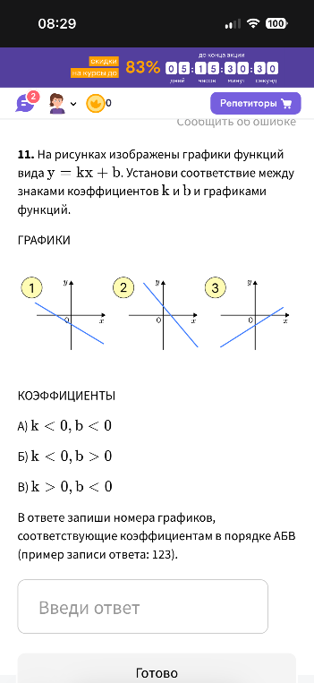 11. На рисунках изображены графики функций вида y = kx + b. Установи соответствие между знаками коэффициентов k и b и графиками функций.