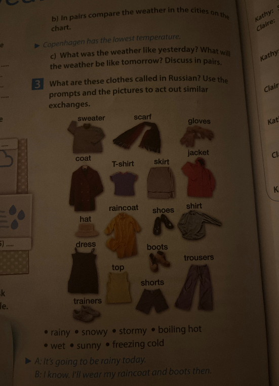 What are these clothes called in Russian? Use the prompts and the pictures to act out similar exchanges.