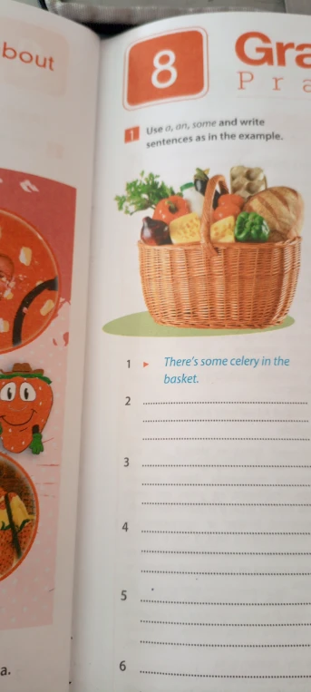 Use a, an, some and write sentences as in the example.