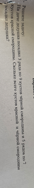 1. Решите задачу: На даче дедушка посадил 3 ряда по 9 кустов чёрной смородины и 5 рядов по 7 кустов красной смородины. Сколько всего кустов посадил дедушка?