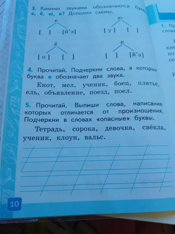 3. Какими звуками обозначаются буквы е, ё, ю, я? Дополни схемы.