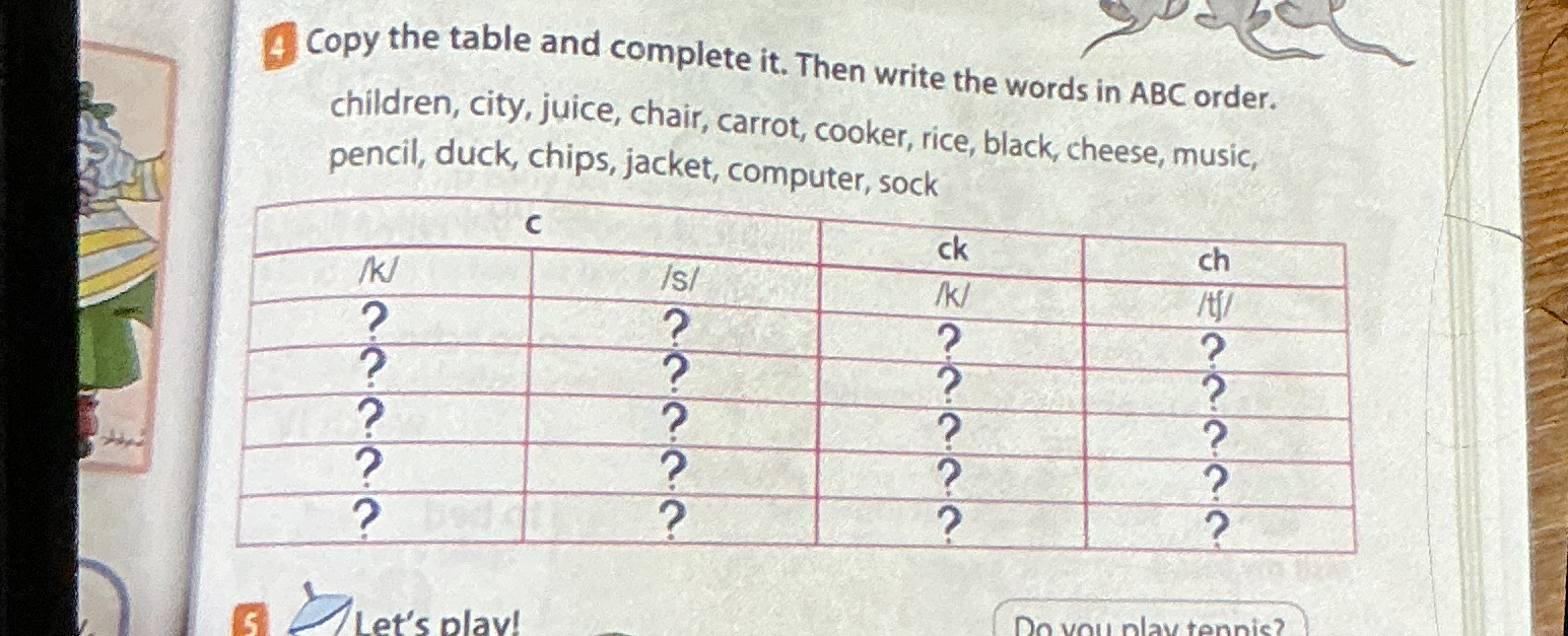 Copy the table and complete it. Then write the words in ABC order.