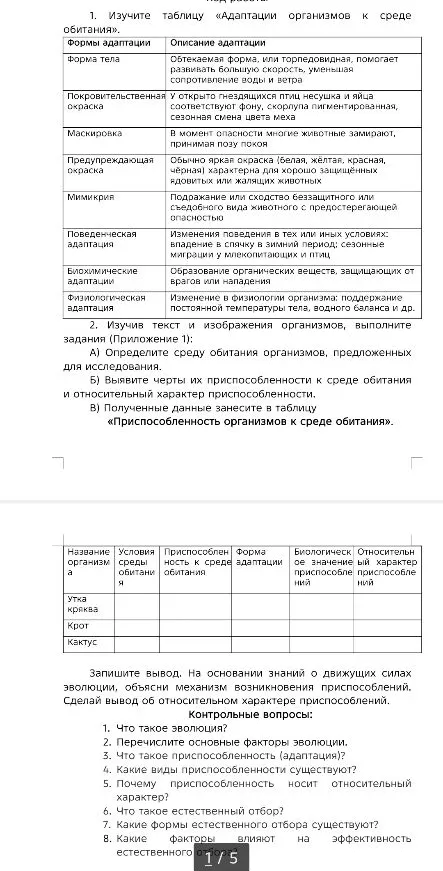Изучите таблицу «Адаптации организмов к среде обитания».