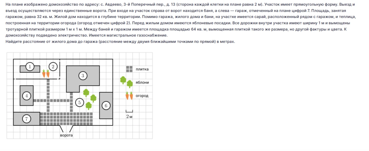 Найдете расстояние от жилого дома до гаража (расстояние между двумя ближайшими точками по прямой) в метрах.