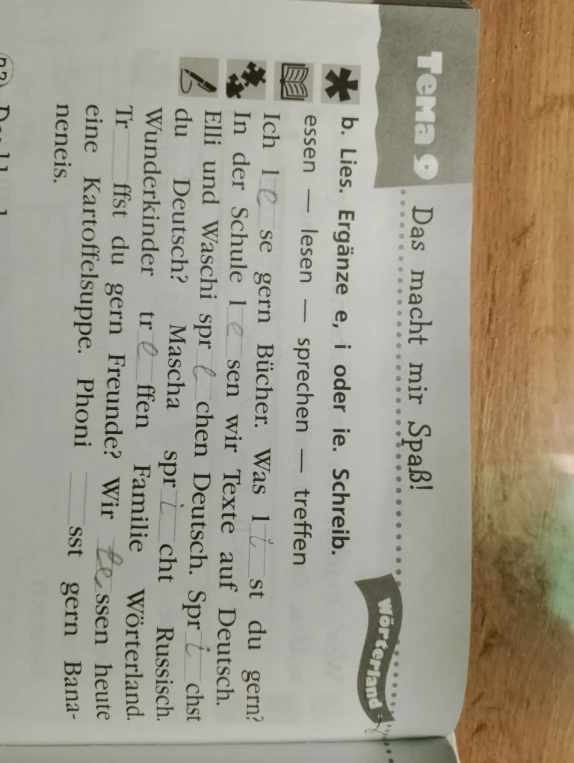 b. Lies. Ergänze e, i oder ie. Schreib.