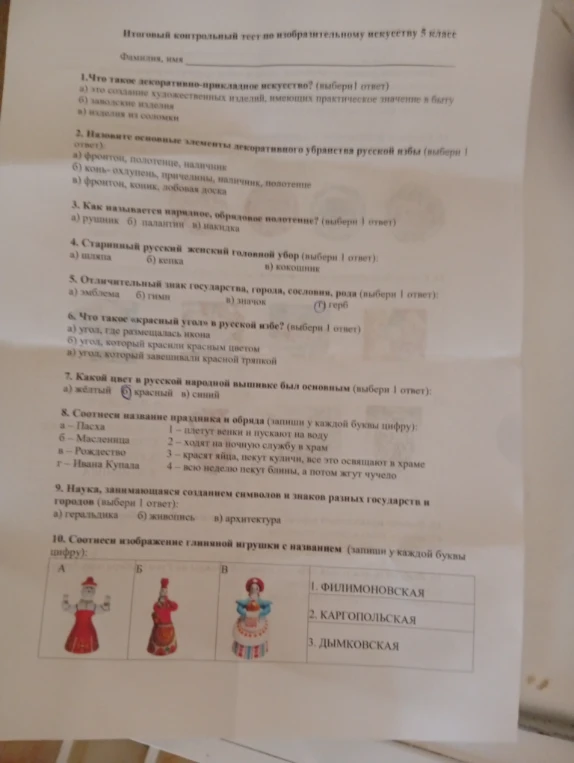Итоговый контрольный тест по изобразительному искусству 5 класс