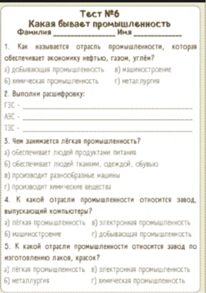 Тест №6 Какая бывает промышленность