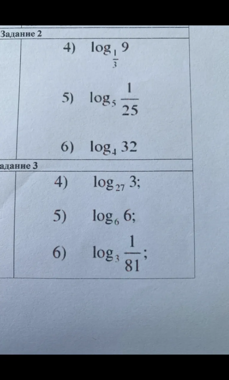 4) log_{1/3} 9 5) log_5 1/25 6) log_4 32